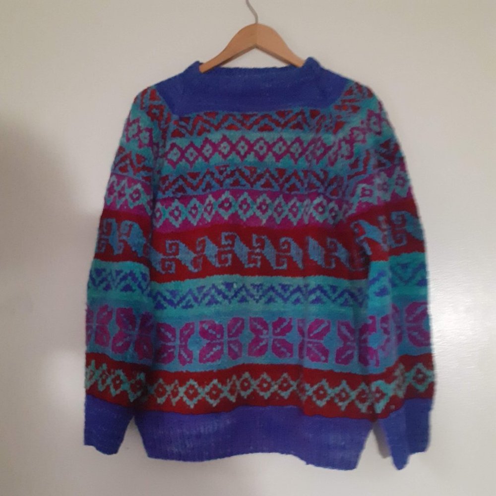 TRADITIONAL HANDMADE CHUNKY 100%WOOL AZTEC VILLAGER TRIBAL SWEATER  XL, measured